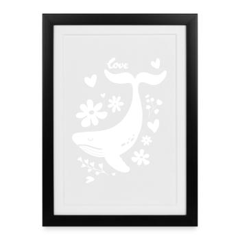 Baleine ludique avec des motifs de fleurs et de cœurs - Affiche encadrée (27 × 37 cm) - noir - Devant