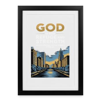 Dieu est notre refuge et notre force – Psaume 46:1 - Affiche encadrée (27 × 37 cm) - noir - Devant