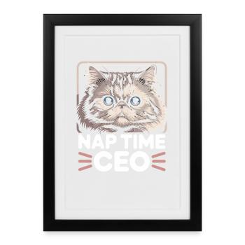 Heure de la sieste PDG Chat drôle Humour de bureau Bureau à domicile - Affiche encadrée (27 × 37 cm) - noir - Devant