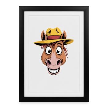 Cheval de cow-boy drôle avec chapeau tête de cheval de dessin animé - Affiche encadrée (27 × 37 cm) - noir - Devant