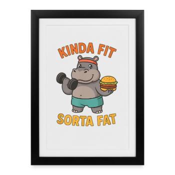 Kinda Fit Sorta Fat Drôle Gym Mignon Hippopotame Rétro - Affiche encadrée (27 × 37 cm) - noir - Devant