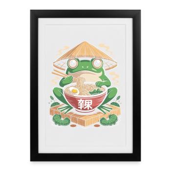 Grenouille mignonne avec des ramen et un chapeau de paille - Affiche encadrée (27 × 37 cm) - noir - Devant