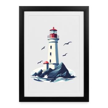 Phare sur la côte rocheuse - Affiche encadrée (27 × 37 cm) - noir - Devant