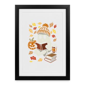 Fantôme avec livre et café - Costume d'Halloween - Affiche encadrée (27 × 37 cm) - noir - Devant