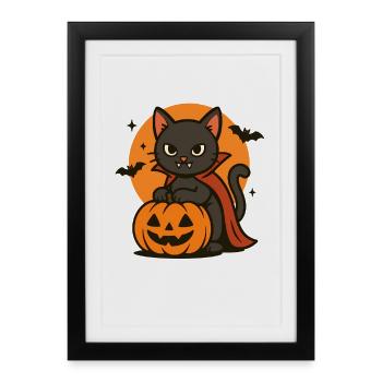 Chat d'Halloween avec citrouille et chauves-souris - Affiche encadrée (27 × 37 cm) - noir - Devant