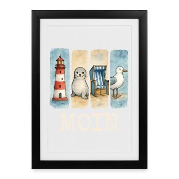 Phare de Moin, chaise de plage avec phoques, côte des mouettes - Affiche encadrée (27 × 37 cm) - noir - Devant