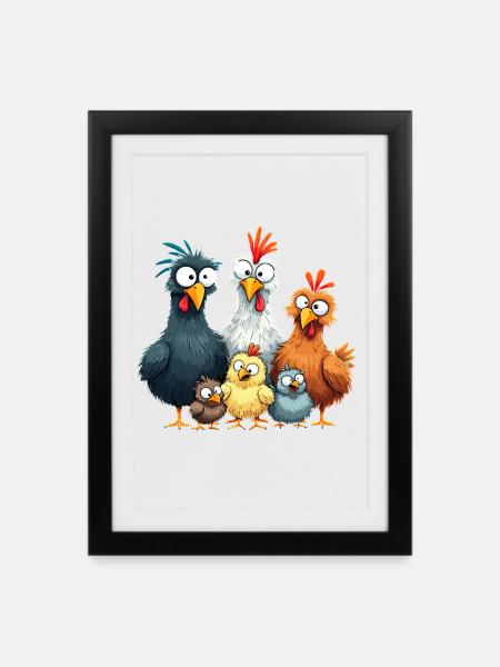 Bunte Hühnergruppe Comedy Design - Gerahmtes Poster (27 × 37 cm) - Schwarz