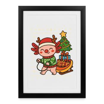 Axolotl Weihnachten – Mit Schlitten & Geschenken - Gerahmtes Poster (27 × 37 cm) - Schwarz - Vorne