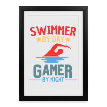 Swimmer By Day Gamer By Night - Framed poster (27 × 37 cm) - black - Front