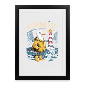 Tempête Seagull au phare maritime de la mer du Nord - Affiche encadrée (27 × 37 cm) - noir - Devant