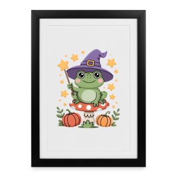 Cute witch frog on toadstool with magic wand - Framed poster (27 × 37 cm) - black - Front