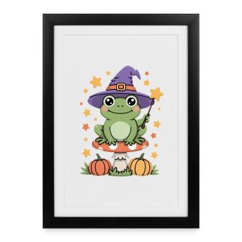 Witch frog on toadstool with pumpkins - Framed poster (27 × 37 cm) - black - Front