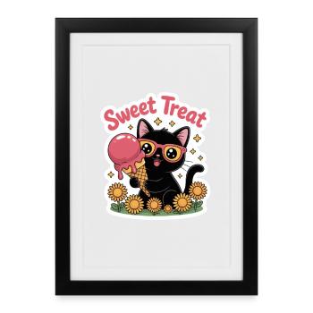 Sweet Treat Black Cat avec glace d’été - Affiche encadrée (27 × 37 cm) - noir - Devant