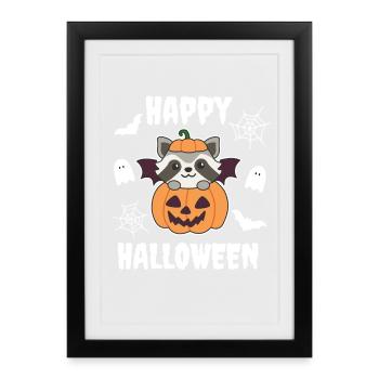 Raton laveur Joyeux Halloween Citrouille Chauve-souris - Affiche encadrée (27 × 37 cm) - noir - Devant