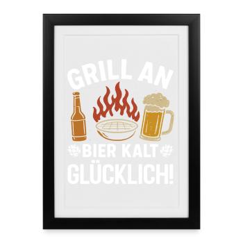 Fan de bière GRILL ON BEER COLD HAPPY Drôle - Affiche encadrée (27 × 37 cm) - noir - Devant