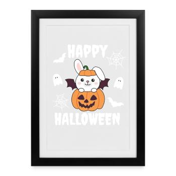 Lapin Happy Halloween Citrouille Chauve-souris - Affiche encadrée (27 × 37 cm) - noir - Devant