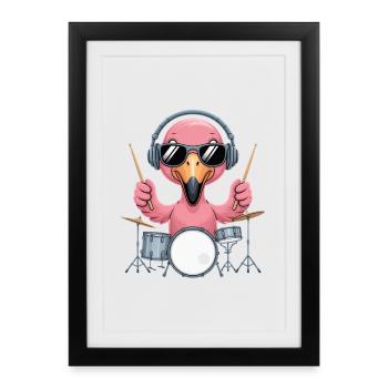 Batteur Flamingo avec casque et lunettes de soleil - Affiche encadrée (27 × 37 cm) - noir - Devant
