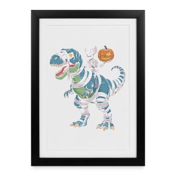 T-Rex d’Halloween avec skellet et citrouille - Affiche encadrée (27 × 37 cm) - noir - Devant