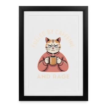 Lustige Katze Angetrieben von Koffein Müde Mutter Kaffee - Gerahmtes Poster (27 × 37 cm) - Schwarz - Vorne