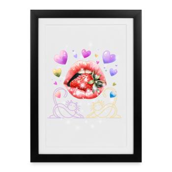 Chats rétro embrasser la bouche Fraise des années 60 - Affiche encadrée (27 × 37 cm) - noir - Devant
