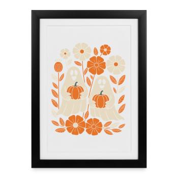citrouille fantôme fleurs rétro Halloween automne - Affiche encadrée (27 × 37 cm) - noir - Devant