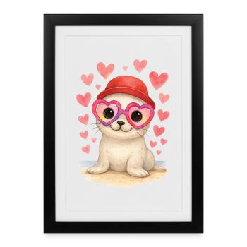 Lunettes bébé phoque coeur Kawaii phoque - Affiche encadrée (27 × 37 cm) - noir - Devant