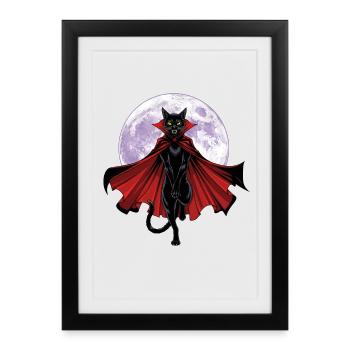 Chat vampire graphique avec cape devant une pleine lune - Affiche encadrée (27 × 37 cm) - noir - Devant