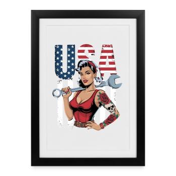 Strong woman with wrench in front of USA flag - Framed poster (27 × 37 cm) - black - Front