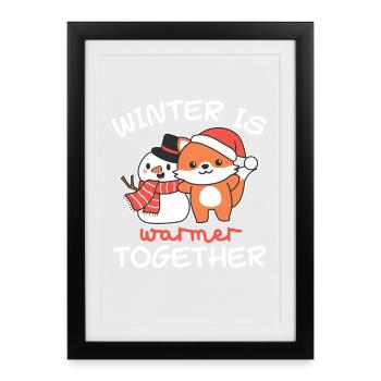 Fox Winter is warmer together Snowman - Framed poster (27 × 37 cm) - black - Front
