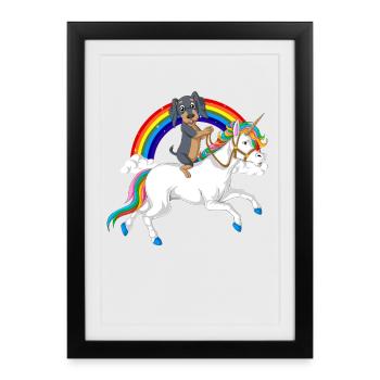 Dackel Reiten Einhorn T-Shirt - Gerahmtes Poster (27 × 37 cm) - Schwarz - Vorne