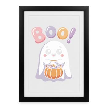 Kawaii Ghost Boo Mignon Motif D’halloween - Affiche encadrée (27 × 37 cm) - noir - Devant