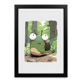 Escargot de dessin animé avec de grands yeux dans la forêt - Affiche encadrée (27 × 37 cm) - noir - Devant