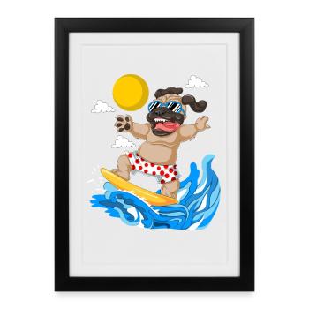 Pug Surfing Tee de plage d’été - Affiche encadrée (27 × 37 cm) - noir - Devant