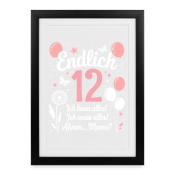 Enfin 12 anniversaire 12 ans cadeau fille - Affiche encadrée (27 × 37 cm) - noir - Devant
