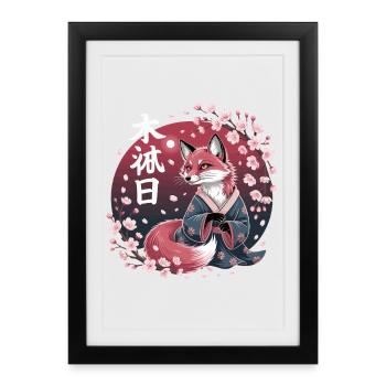 Kitsune en kimono avec fleurs de cerisier Hanami - Affiche encadrée (27 × 37 cm) - noir - Devant
