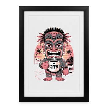 Tiki Coffee Lover Figurine Tiki avec tasse à café - Affiche encadrée (27 × 37 cm) - noir - Devant