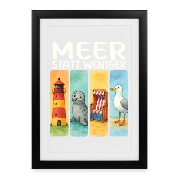 Phare de Moin, chaise de plage avec phoques, côte des mouettes - Affiche encadrée (27 × 37 cm) - noir - Devant
