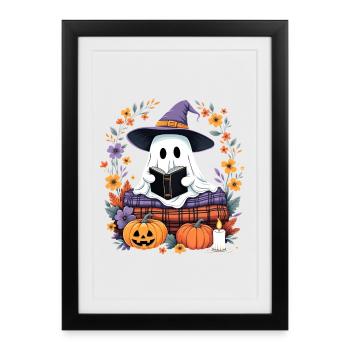 Fantôme de sorcière d’Halloween confortable avec des citrouilles - Affiche encadrée (27 × 37 cm) - noir - Devant