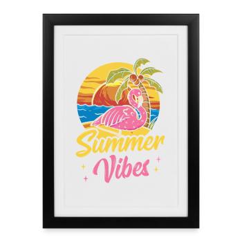 rose flamant rose plage d’été palmier vacances - Affiche encadrée (27 × 37 cm) - noir - Devant