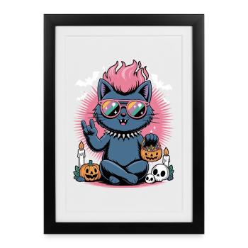 Gueule de bois d’Halloween au néon avec scène de citrouille - Affiche encadrée (27 × 37 cm) - noir - Devant