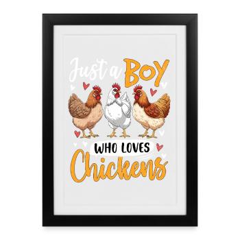 Boy loves chickens – motif amusant - Affiche encadrée (27 × 37 cm) - noir - Devant