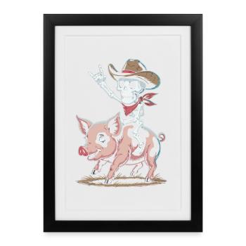 Un cow-boy squelette chevauche un cochon - Affiche encadrée (27 × 37 cm) - noir - Devant