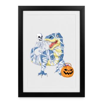 Skeleton Riding Mummy Dinosaur Halloween Tee - Framed poster (27 × 37 cm) - black - Front