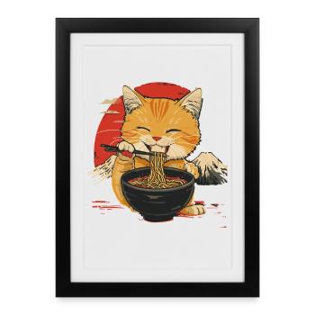 Cute cat with ramen in front of Japanese backdrop - Framed poster (27 × 37 cm) - black - Front