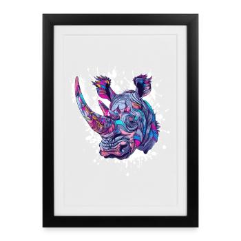 Rhinocéros Rhinocéros Éclaboussures de couleur - Affiche encadrée (27 × 37 cm) - noir - Devant