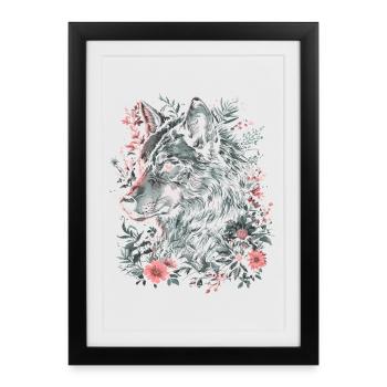 Loup Tête de loup Fleurs Plantes Nature Nature sauvage Art - Affiche encadrée (27 × 37 cm) - noir - Devant