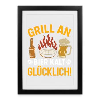 Fan de bière GRILL ON BEER COLD HAPPY Drôle - Affiche encadrée (27 × 37 cm) - noir - Devant