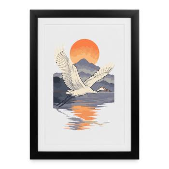 Crane Flying at Sunset Reflection - Framed poster (27 × 37 cm) - black - Front