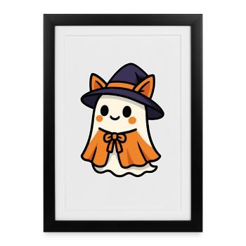 Fantôme d’Halloween Kawaii avec chapeau de sorcière - Affiche encadrée (27 × 37 cm) - noir - Devant