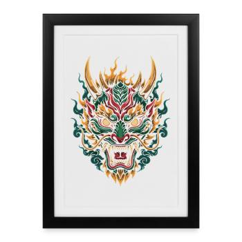 Masque de Dragon Ardent | Bête de flamme mythique - Affiche encadrée (27 × 37 cm) - noir - Devant